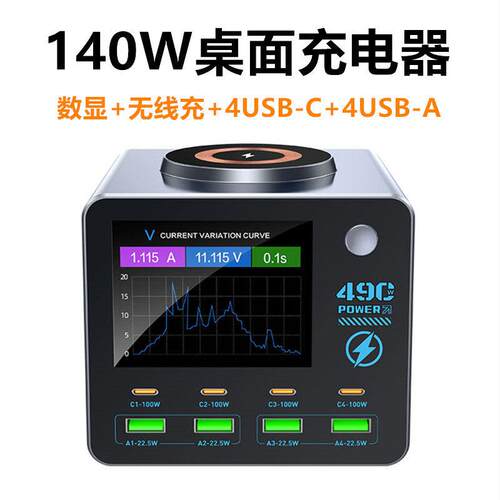 140W氮化镓多口USB-C充电器PD快充手机维修佬电源表电流检测仪无线充电数显四合一工作室桌面typec智能充电站