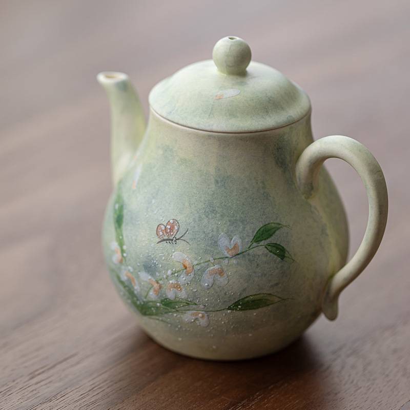 粉引手绘文心兰茶壶陶瓷泡茶壶中式茶具女士个人专用高档单壶家用