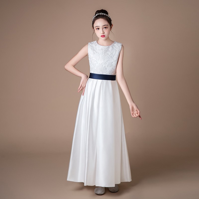 女童白色缎面礼服夏秋钢琴演奏主持人演出服儿童公主管弦乐团合唱