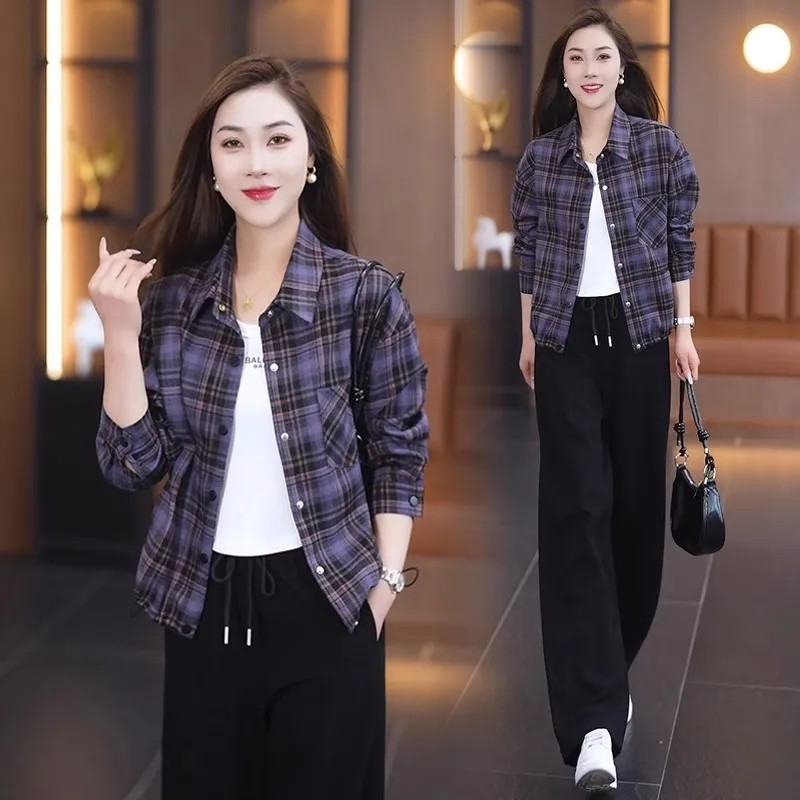 时尚格子小外套女士春秋新款小个子短款衬衫领夹克衫休闲长袖上衣