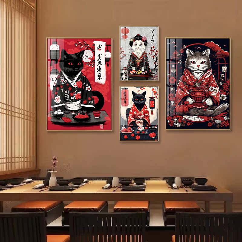 日式和风装饰画居酒屋猫咪浮世绘寿司店墙面挂画日本料理店壁画图片