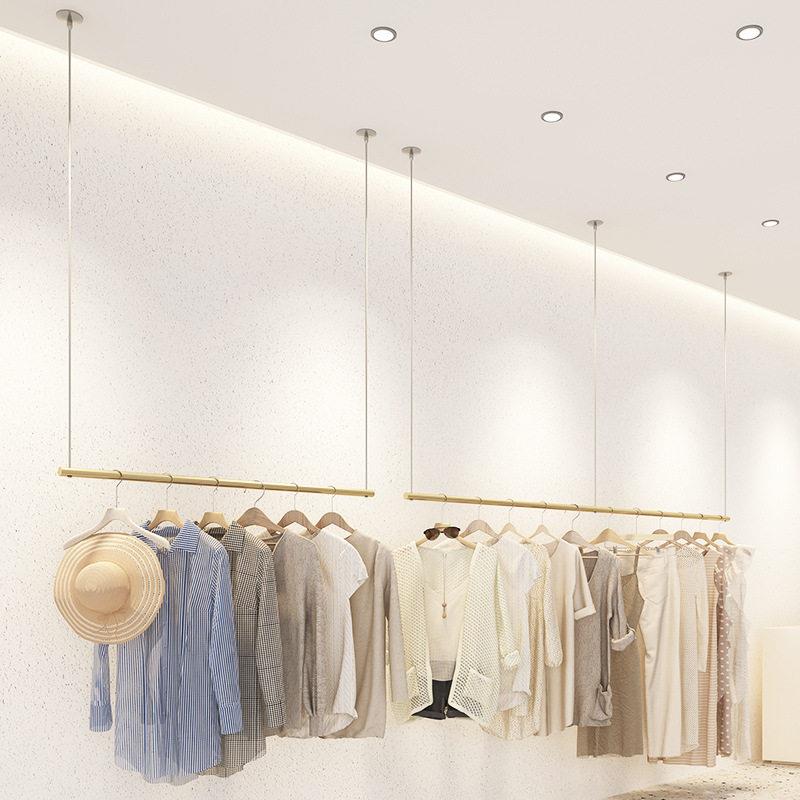 服装店吊顶展示架金色陈列架挂杆挂衣架女装店装修吊顶绳索衣服架