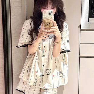 可爱HelloKitty睡衣女夏季 甜美条纹短袖 短裤 宽松可外穿家居服套装