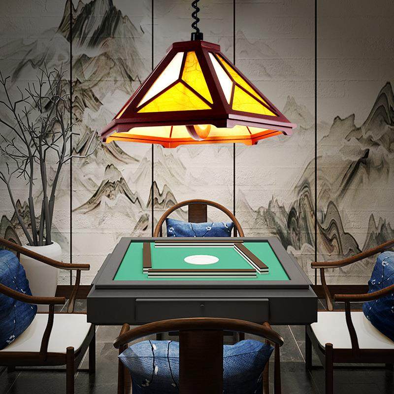 木头伸缩灯单吊灯棋牌室麻将灯茶馆升降灯木艺仿羊皮灯罩餐厅吧台
