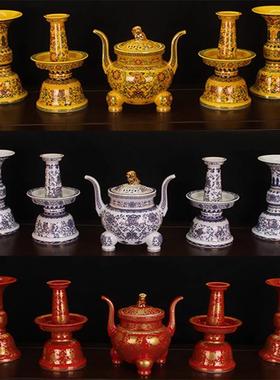 佛前五供摆件 八吉祥描绘陶瓷供具家用香炉烛台花瓶五供五件套