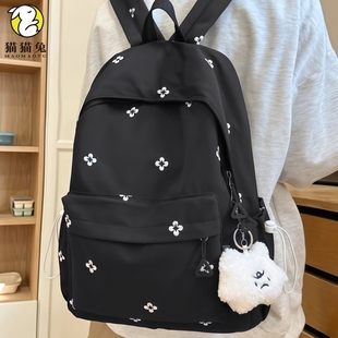 小众不撞款背包女生初中生2025新款黑色耐脏小学生印花双肩包女