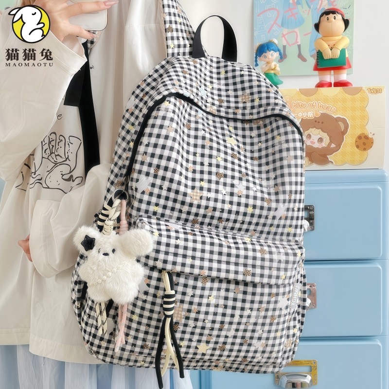 黑色书包ins小众格纹女生初中生2025新款高颜值大容量轻便双肩包,箱包皮具/热销女包/男包,双肩背包,淘宝优惠券,粉丝福利购,淘宝优惠卷