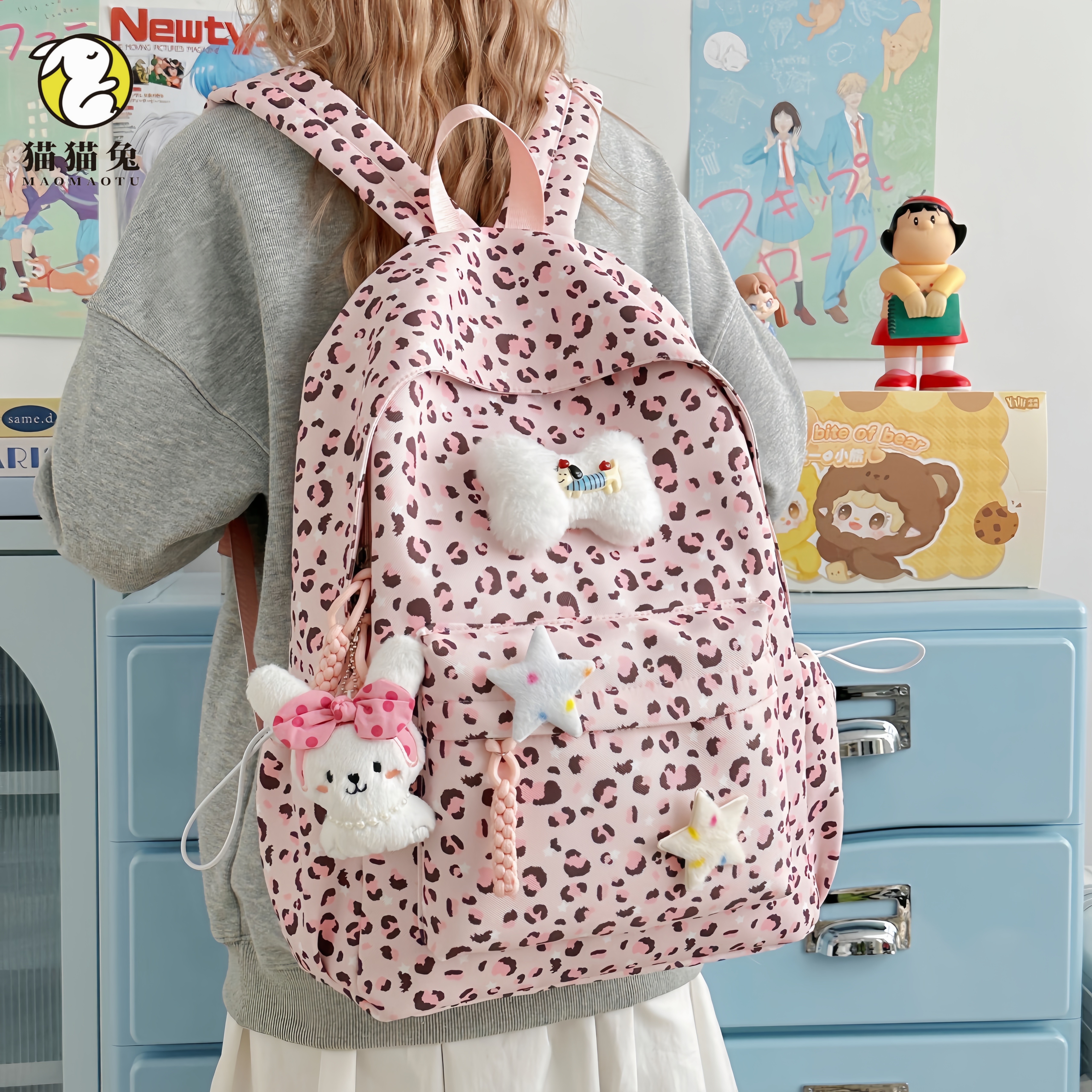 韩系ins风小众时尚豹纹双肩书包