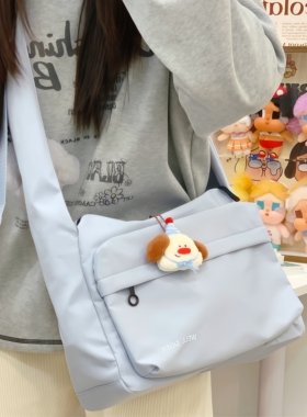 包包斜挎包女韩版简约百搭单肩包学生休闲通勤补课挎包蓝色帆布包
