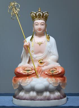 汉白玉地藏菩萨像石雕彩绘款地藏王菩萨娑婆三圣佛像摆件居家供奉
