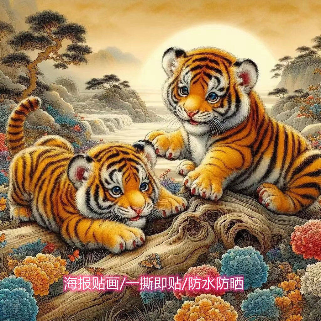 复古经典款萌虎老虎贴纸贴画客厅书房儿童房门贴出租屋墙贴装饰画