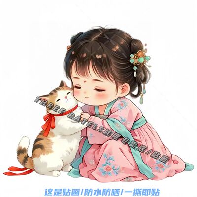 超萌汉服小女孩和猫咪贴纸卧室墙面儿童房浴室门窗汽车贴纸自粘贴