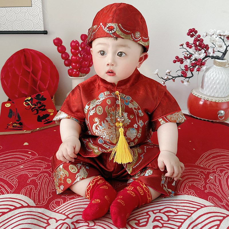 周岁礼服男宝宝夏季男童抓周服y生日百天宴喜庆衣服新中式儿童唐