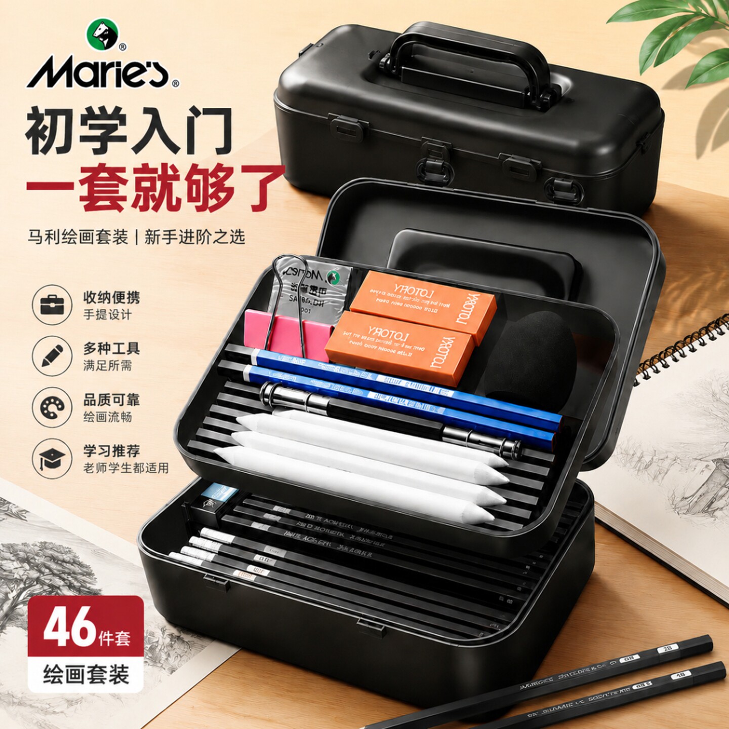 马利素描工具套装初学者入门全套绘画速写素描铅笔美术生专用画笔手绘铅笔画炭笔软中硬2b4b6b8b12b14b收纳盒