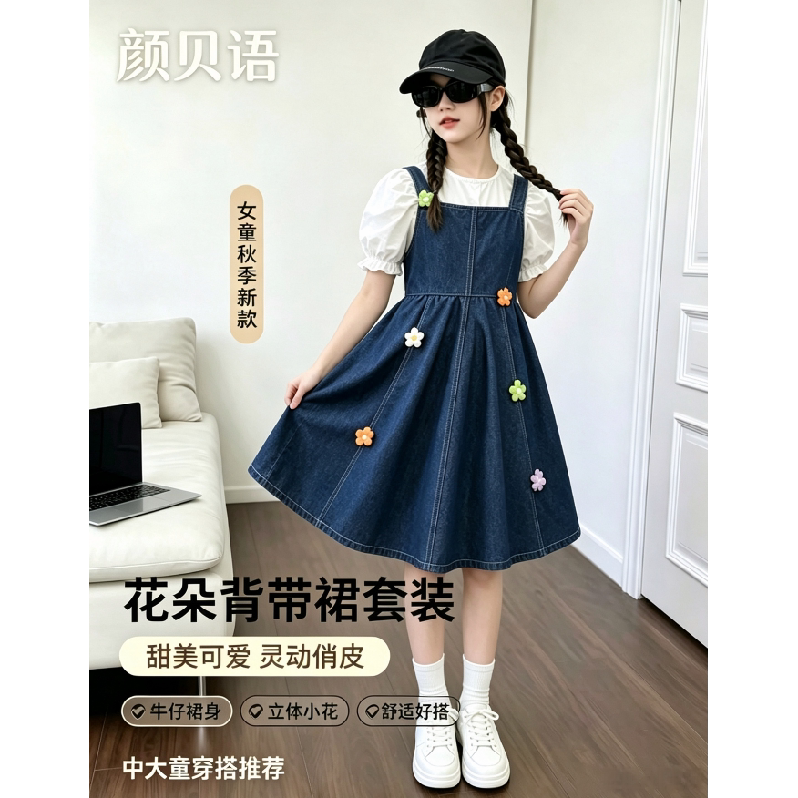 颜贝语女童牛仔背带裙套装春秋