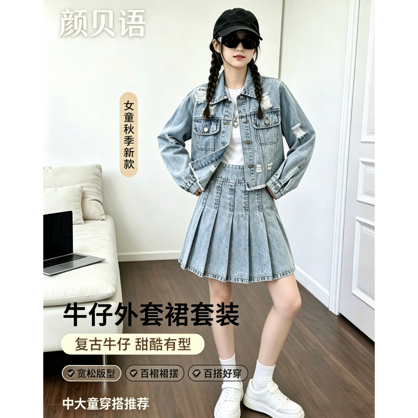 颜贝语学院风百褶牛仔半身裙套装女显瘦遮肚两件套