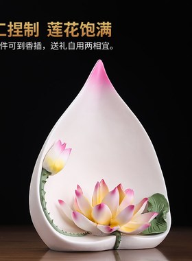《一路连升》陶瓷莲花摆件 手工瓷花中式客厅玄关佛前装饰工艺品