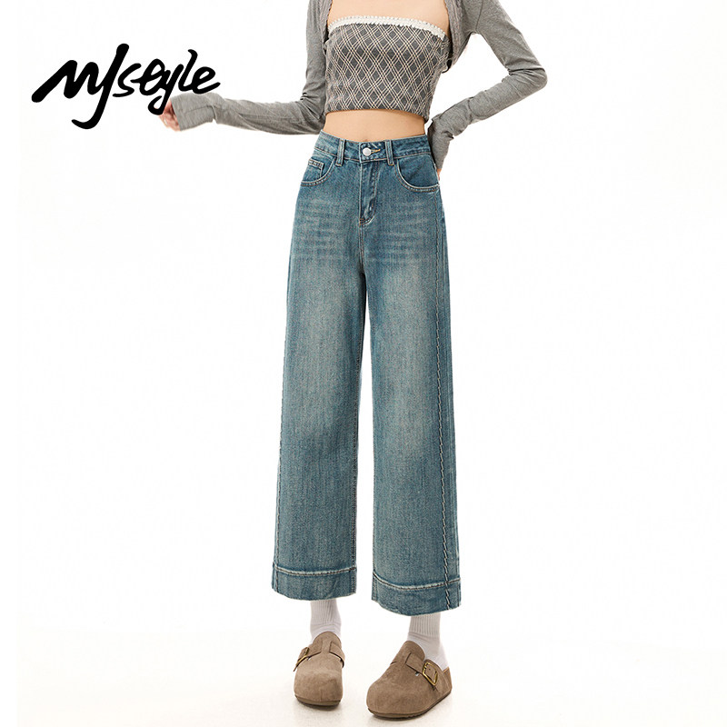 MJ STYLE八分直筒牛仔裤女2026年春季新款烟管裤高腰小个子阔腿裤