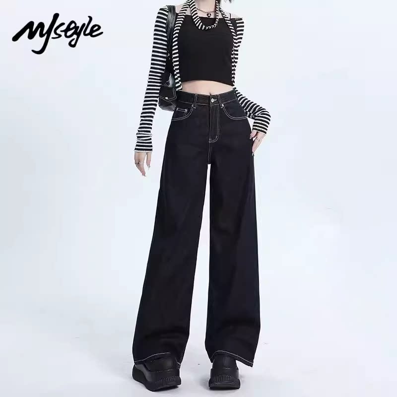 MJ STYLE深蓝色复古直筒牛仔裤女2026春季新款高腰显瘦宽松阔腿裤