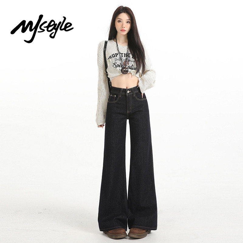 MJ STYLE美式复古丹宁蓝牛仔裤女2025秋冬新款高腰小个子阔腿裤