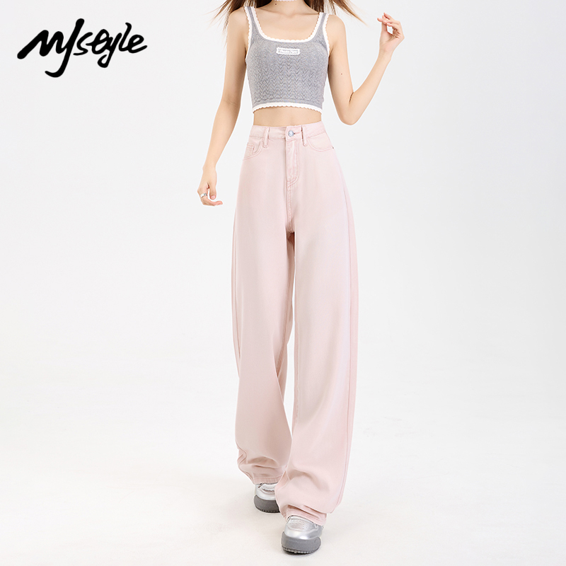 MJSTYLE粉色天丝休闲百搭牛仔裤