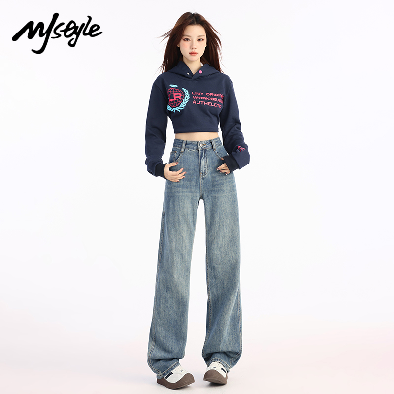 MJSTYLE复古水洗蓝阔腿牛仔裤女