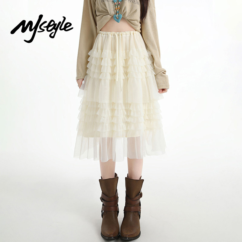 MJ STYLE木耳边拼接蓬蓬蛋糕裙女2026春季新款A字裙中长款半身裙
