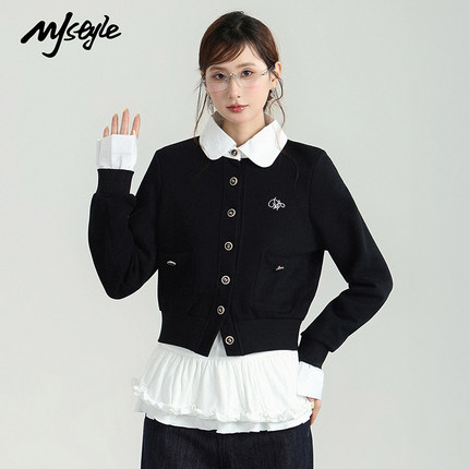 MJ STYLE黑色拼接假两件外套女2025秋冬新款上衣修身单排扣开衫