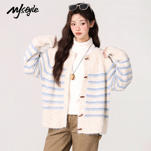 外套设计感圆领羊毛上衣 开衫 STYLE牛角扣针织毛衣女2025冬款