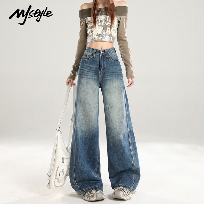 MJ STYLE美式复古阔腿裤女2026开春新款高腰宽松弯刀直筒牛仔裤