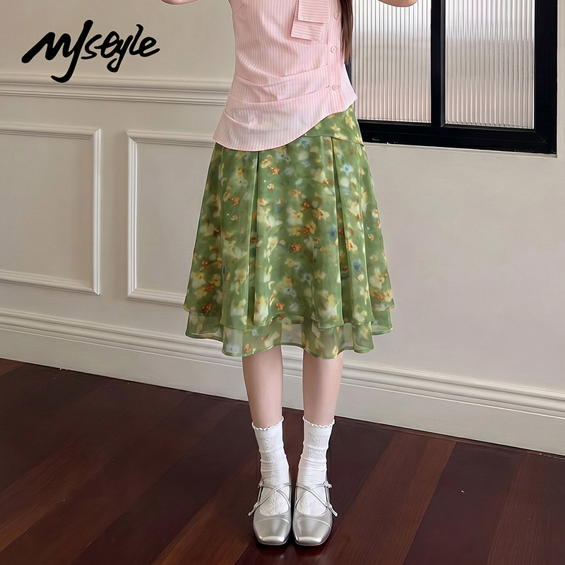 MJSTYLE田园风绿色碎花裙女