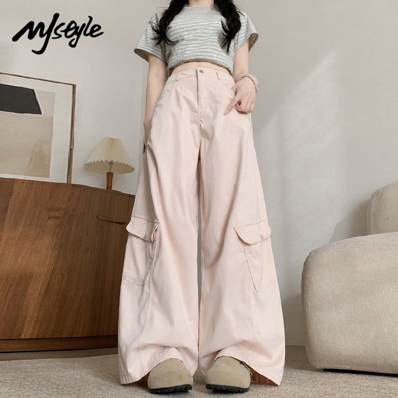 MJ STYLE甜美粉色工装裤女2026年夏季速干运动裤高腰垂感阔腿裤子