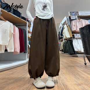 MJ STYLE咖色木耳边花苞裤女2025秋季新款裤子高腰小个子阔腿裤