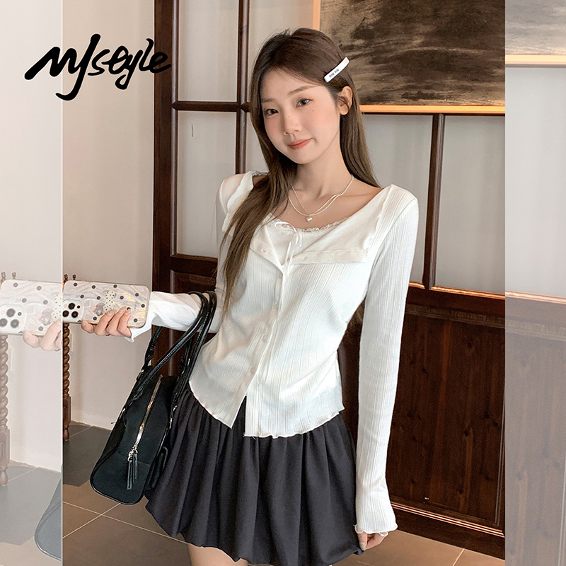 MJSTYLE假两件长袖针织开衫女