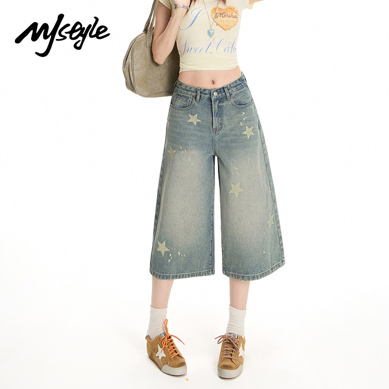 MJ STYLE美式复古星星印花牛仔短裤女2026夏款宽松阔腿休闲七分裤