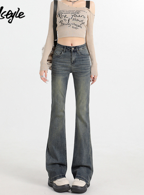 MJ STYLE美式复古水洗蓝微喇牛仔裤女2025秋季款高腰小个子喇叭裤