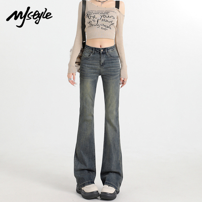 MJSTYLE复古水洗蓝微喇牛仔裤