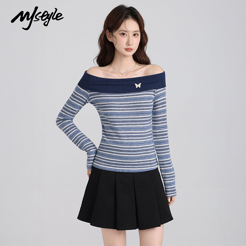 MJSTYLE一字肩条纹打底衫女