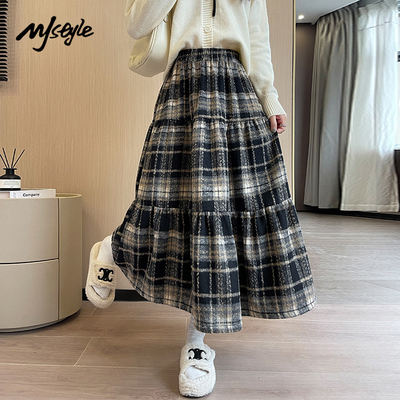 MJ STYLE复古毛呢格子半身裙女2024冬季新款保暖休闲时尚蛋糕裙子
