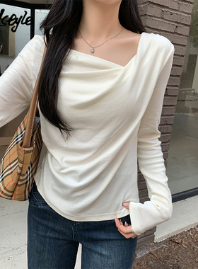 MJ STYLE纯欲不规则长袖t恤女2025秋季新款褶皱高级感修身打底衫