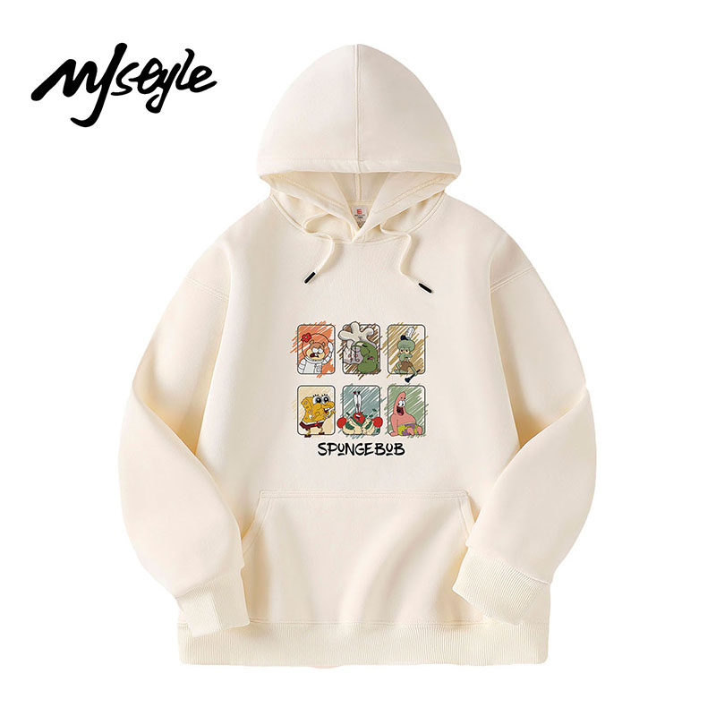 MJSTYLE纯色加绒连帽印花卫衣女