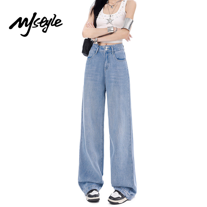 MJ STYLE复古浅蓝天丝牛仔裤女2026年夏季新款直筒裤宽松阔腿裤子