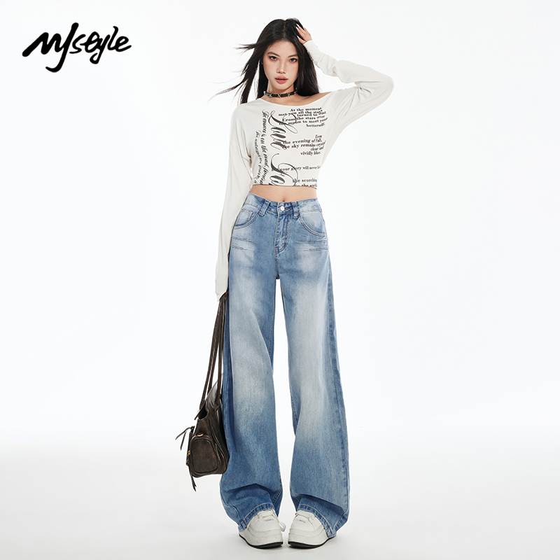 MJSTYLE复古蓝直筒牛仔裤女2025