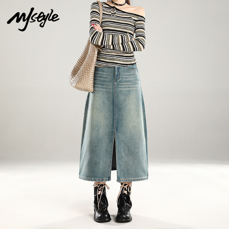 MJ STYLE复古高腰开叉牛仔裙女2026年春季新款A字裙大码中长裙
