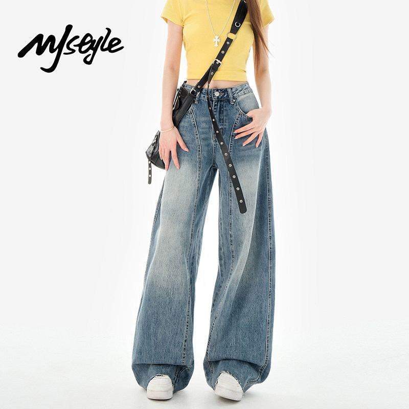 MJ STYLE美式浅蓝色阔腿牛仔裤女2026年新款高腰直筒裤宽松休闲裤