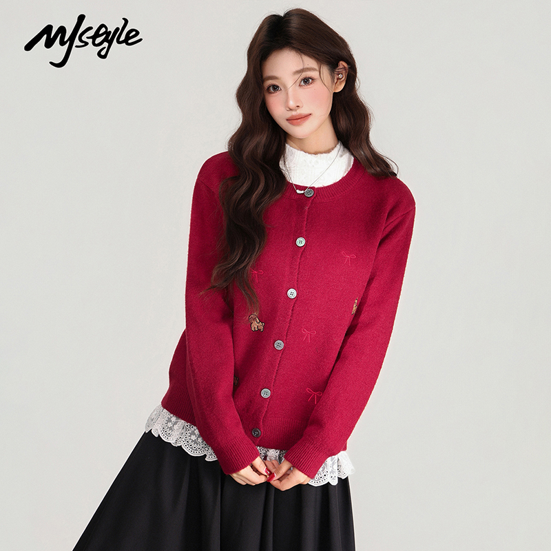 MJSTYLE刺绣排扣长袖针织开衫女