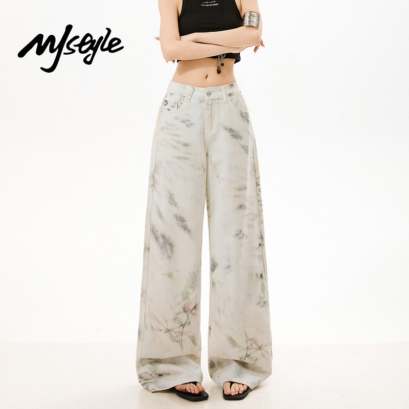 MJ STYLE潮流扎染牛仔裤女2026年春季新款裤子设计感宽松阔腿裤
