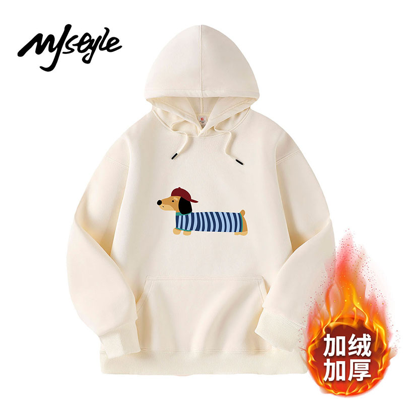 MJSTYLE加绒白色连帽印花卫衣女