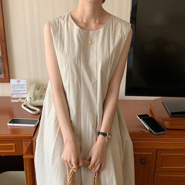 尺寸更新chic 夏季韩版极简主义圆领皱褶宽松休闲无袖背心连衣裙