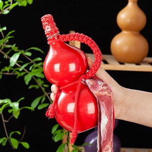 葫芦密封空瓶黑色酒瓶白酒酒壶水壶红色陶瓷福禄喜庆摆件特色 中式